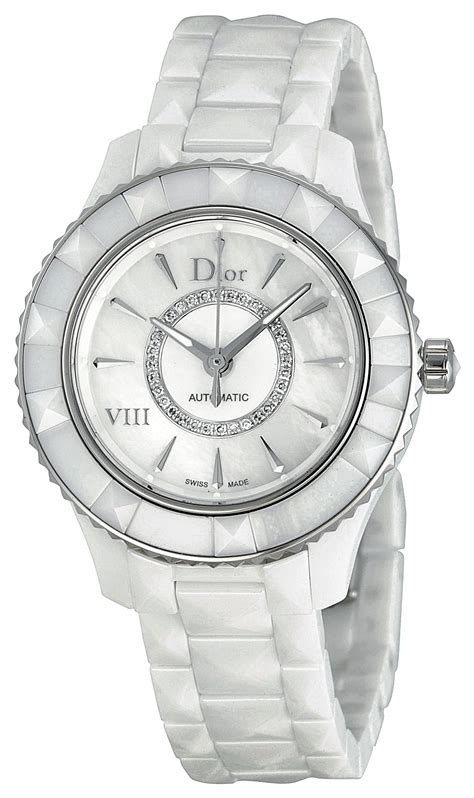 Dior VIII Automatic White Dial White Ceramic Ladies Watch 